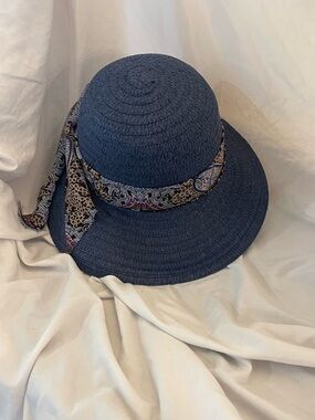 Classic Navy Straw Sun Hat with Patterned Scarf